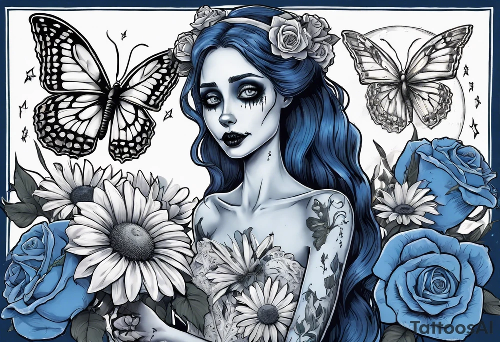 corpse bride Emily holding a bouquet of flowers. one white daisy in the bouquet. one blue butterfly. A full moon on the background. full grown tattoo idea