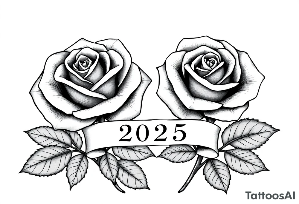 two beautiful large rose buds, one larger than the other, with lots and lots of leaves next to the rose buds, with one sitting slightly higher than the other, side-by-side.  Include a banner connecting the two roses with the year 2025 on it.   Use dark outlines with little shading. Remove all stems from the roses. tattoo idea