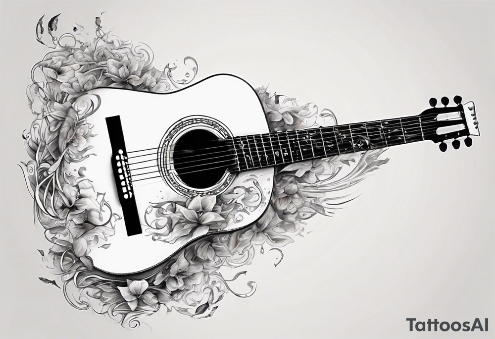 Acoustic Guitar neck with strings made of signatures emerging from skin tattoo idea