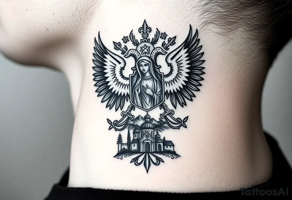Traditional authentic Russian coat of arms with double headed eagle & a well shaded Christian orthodox Virgin Mary in the middle with silhouette of a lake in a Russian wilderness Christian orthodoxy dome church village setting on the side of my neck tattoo idea