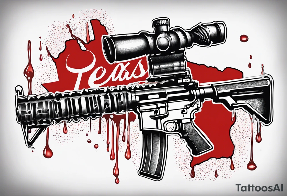 AR15 dripping syrup with "Texas Made" on the top the words Texas Made on top of the AR tattoo idea