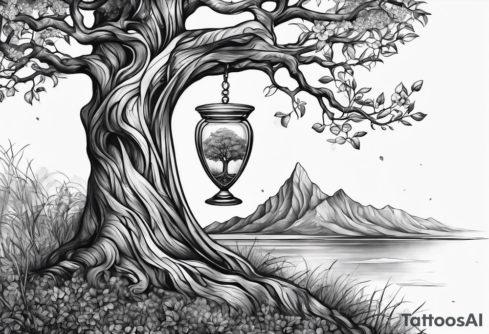tattoo drawing of a tree coming out of a hour glass tattoo idea