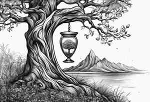 tattoo drawing of a tree coming out of a hour glass tattoo idea
