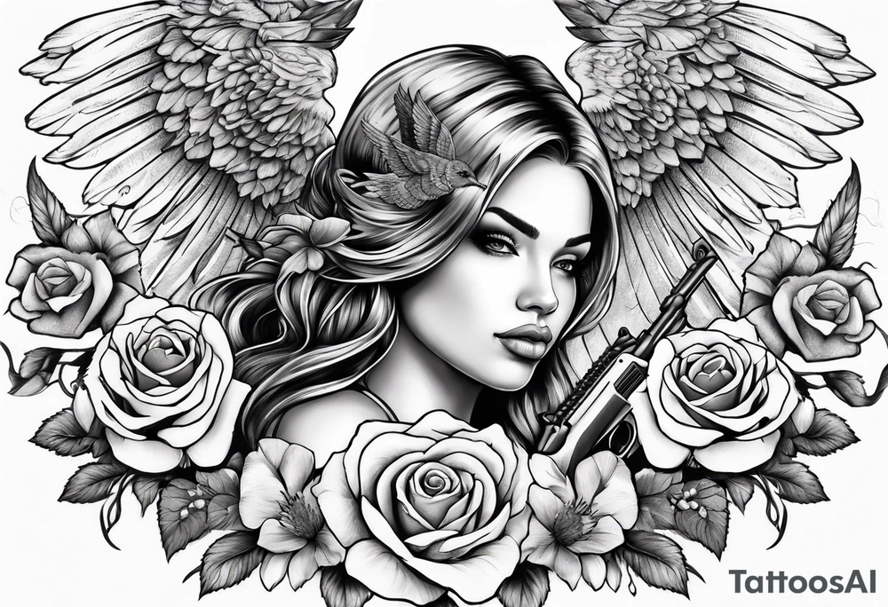 Beautiful angle with wings and tattoos surrounded by roses holding a ak 47 tattoo idea