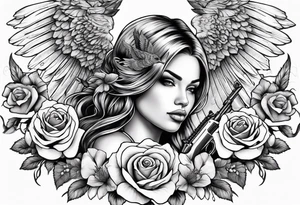 Beautiful angle with wings and tattoos surrounded by roses holding a ak 47 tattoo idea