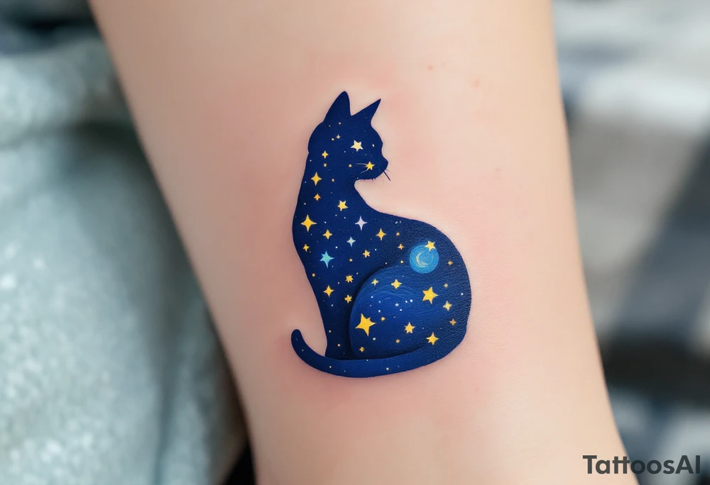 Starry Night Cat Silhouette – A curled-up cat filled with a star-speckled dark blue background, resembling Van Gogh’s “Starry Night.” tattoo idea