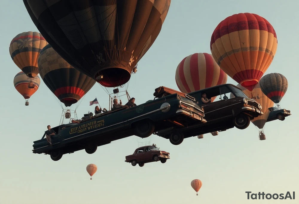 in a very steam punk vibe i want you to make a picture of a bunch of old beat up cars with people lounging in them and garbage and junk all up in and on them, tied to hot air balloons floating in the sky right about dusk and they are as far as the eye can see i want the cars to be floating as if they were the basket to the hot air balloons and the hot air balloons are all different colors and patterns and some are old and patched and i dont want to see the ground at all  i want this to be a scene that is up in the sky with them all floating under the balloons like it is in a dream and every single balloon in the picture is attached to a different old car, and some of the cars you can see people kicked back with thier feet out the window and stuff on the dash of the car, and some with people hanging an arm out hte window some have cigarrette smoke coming out the window, and the balloons all are different but every single car is floating high in the sky and i dont want there to be too many balloons and cars, just a few close together, and the rest ll are smaller and off in the distance tattoo idea