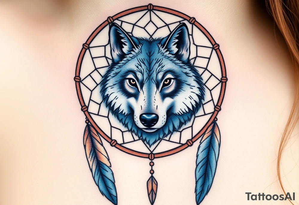 A dreamcatcher with a wolf’s face inside, with intricate feather patterns. The wolf’s fur is painted in cool tones of blue and silver, and the feathers are shaded in soft brown and gold tattoo idea