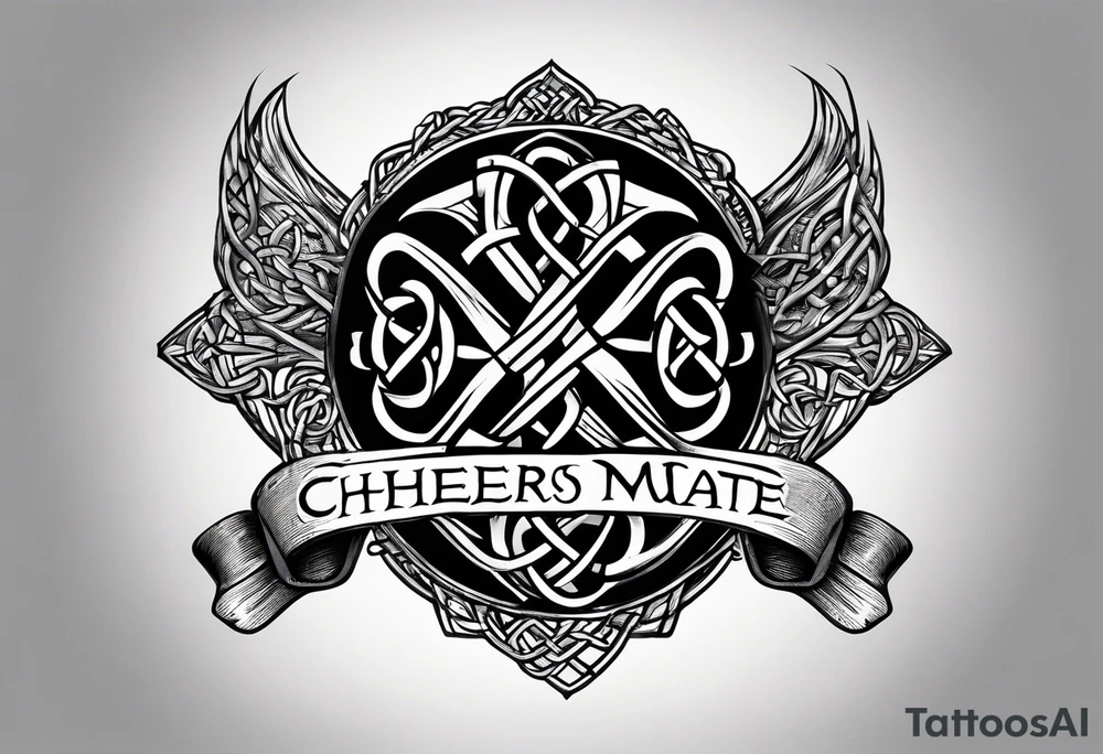 "Cheers Mate" text black and grey ink armband +Celtic +grey Cancer Ribbon tattoo idea