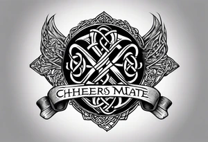 "Cheers Mate" text black and grey ink armband +Celtic +grey Cancer Ribbon tattoo idea