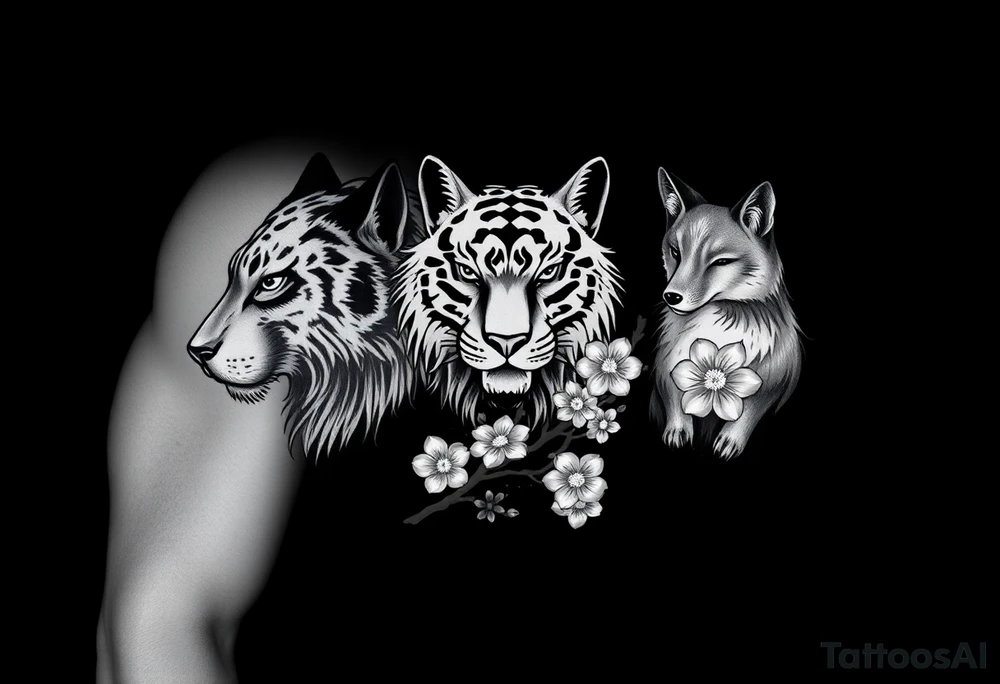 All black with a wolf, tiger and fox all separate with sakura branches tattoo idea
