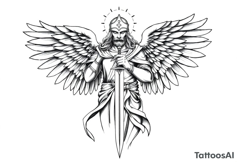 Holy Archangel, Biblical, Christianity, Hebrew, Guards of Christianity, Holding a sword, has six wings, wearing helmet, halo, seraphim, seek justice tattoo idea