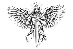 Holy Archangel, Biblical, Christianity, Hebrew, Guards of Christianity, Holding a sword, has six wings, wearing helmet, halo, seraphim, seek justice tattoo idea