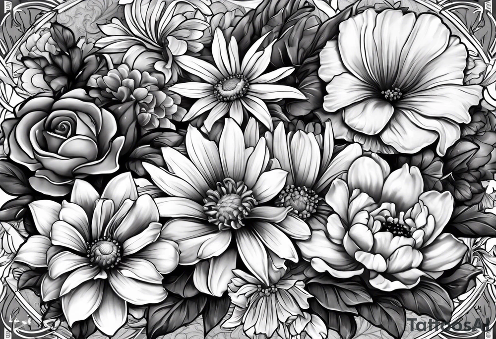 black and gray bunch of flowers that include three violets, one daffodil, five daisies, one rose, one morning glory, two marigolds, one chysanthemum with three of the daisies and the chrysanthemum at the center of the tattoo tattoo idea