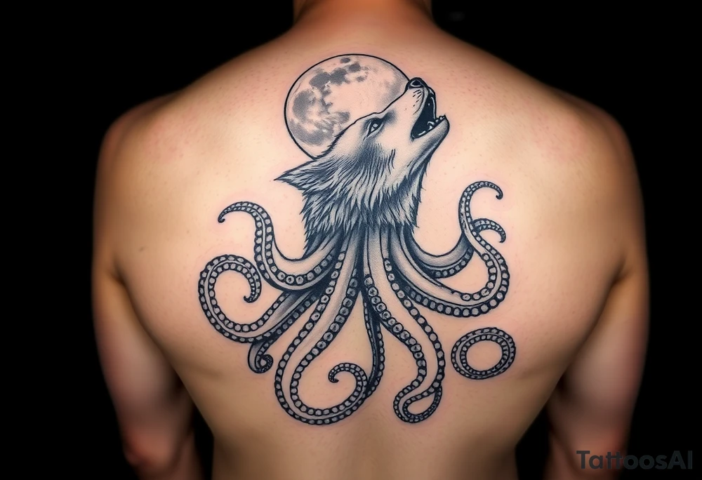 An powerful and surreal wolf octopus howling at the moon tattoo idea