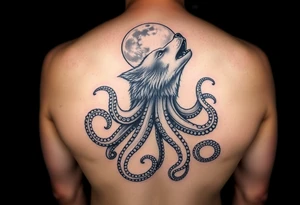 An powerful and surreal wolf octopus howling at the moon tattoo idea