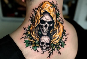 A golden-caped Grim Reaper surrounded by emerald vines and a cracked skull mask. tattoo idea