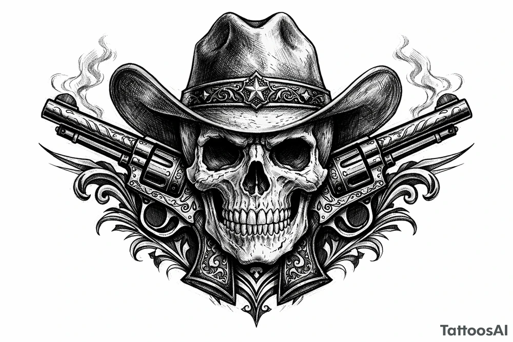 A skull in a cowboy hat, pistols emerging from the sides, detailed Western engraving. tattoo idea
