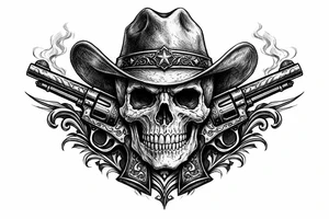 A skull in a cowboy hat, pistols emerging from the sides, detailed Western engraving. tattoo idea