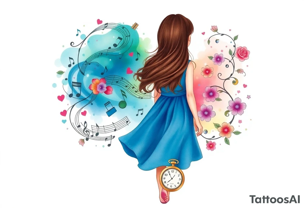 Back view of the silhouette of a brown hair girl in a blue dress. She is following a colorful swirl with music notes, books, and flowers. A pocket watch is at the end of the swirl. tattoo idea