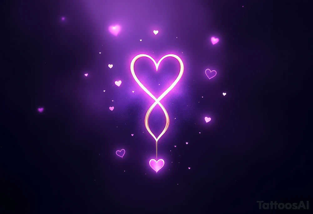 A symbol of rune of love carved with clean, sharp edges. The design in golden, and the background features a lavender glow. Tiny hearts float around the symbol, representing infinite devotion. tattoo idea