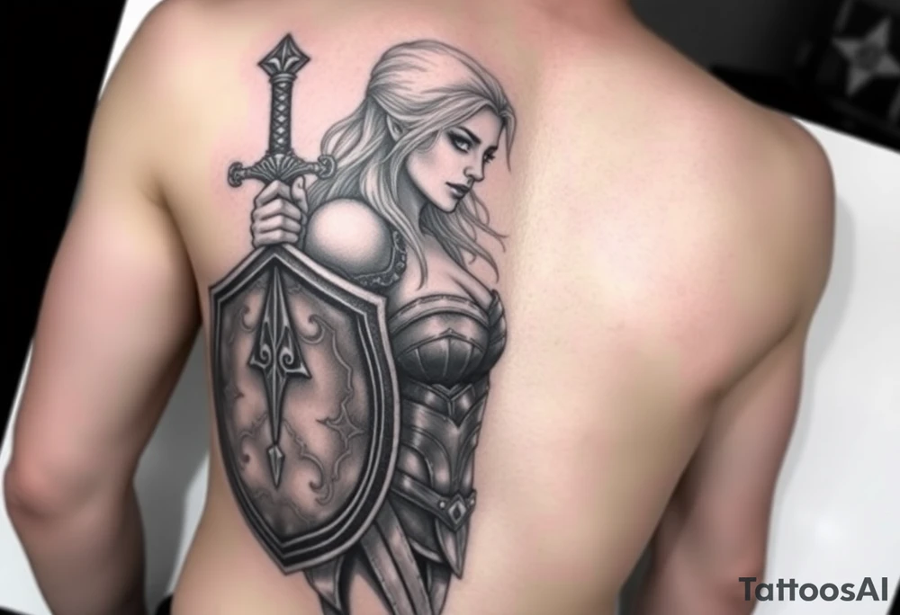 blonde valkyrie with sword and shield -- location calf -- image should show entire body of the valkyrie -- she should have large breasts and beautiful yet tough -- full color, realistic, should have breast armor tattoo idea