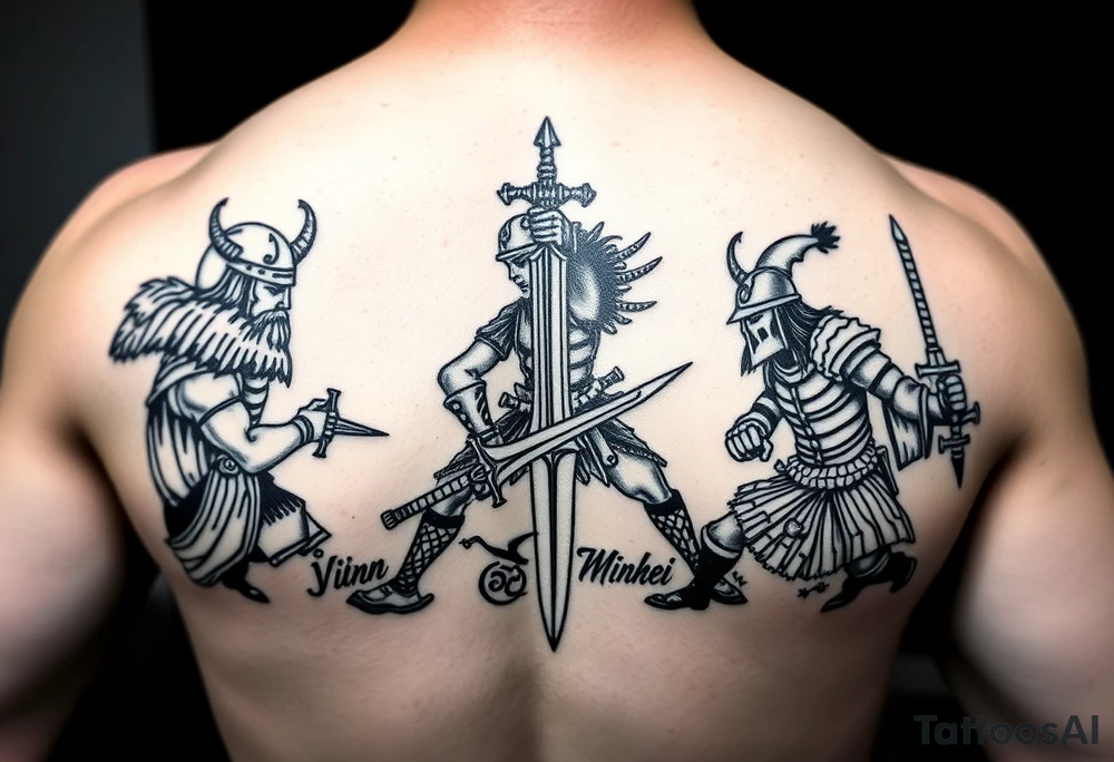 For a full back tattoo create the following battle seen- Viking vs Angus Kahn vs English knight vs Roman gladiator vs Japanese samurai. Note cation fighting and weapons against each other tattoo idea