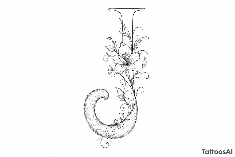 Single line drawing of a J transforming into a cat's tail with floral accents. tattoo idea