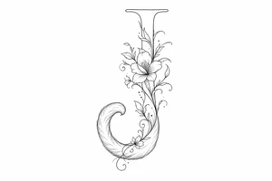 Single line drawing of a J transforming into a cat's tail with floral accents. tattoo idea
