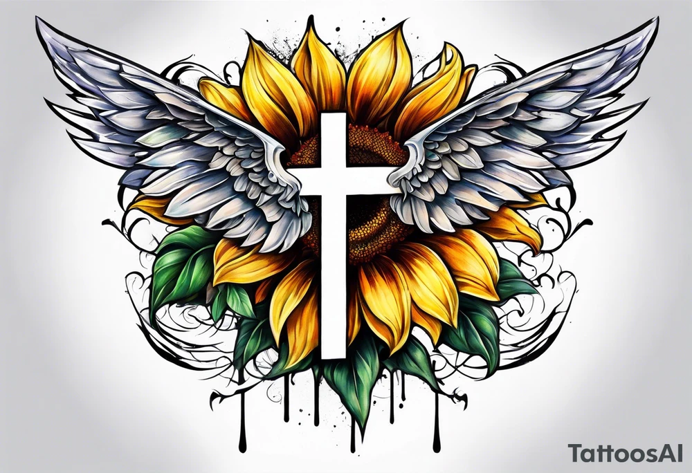 Winged cross with sunflower arm sleeve tattoo idea