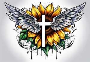Winged cross with sunflower arm sleeve tattoo idea