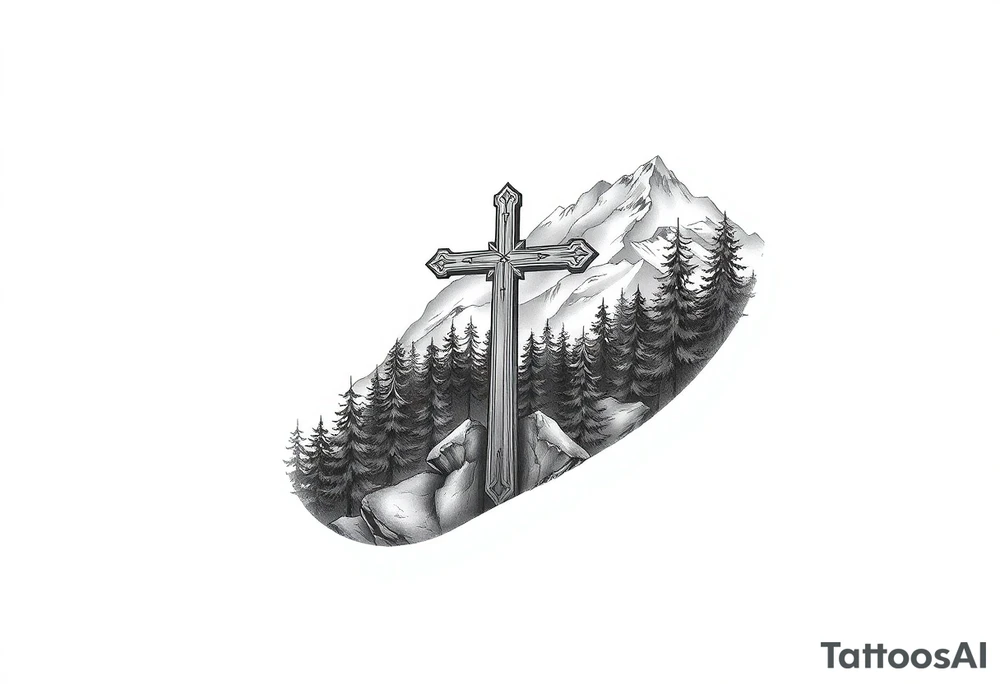 russian orthodox cross in a light forrest mountainous setting tattoo idea
