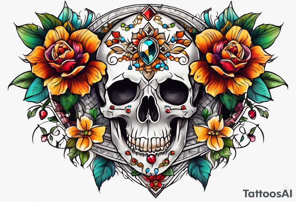 Neo traditional floral chest piece with animal skull and gems tattoo idea