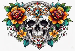 Neo traditional floral chest piece with animal skull and gems tattoo idea