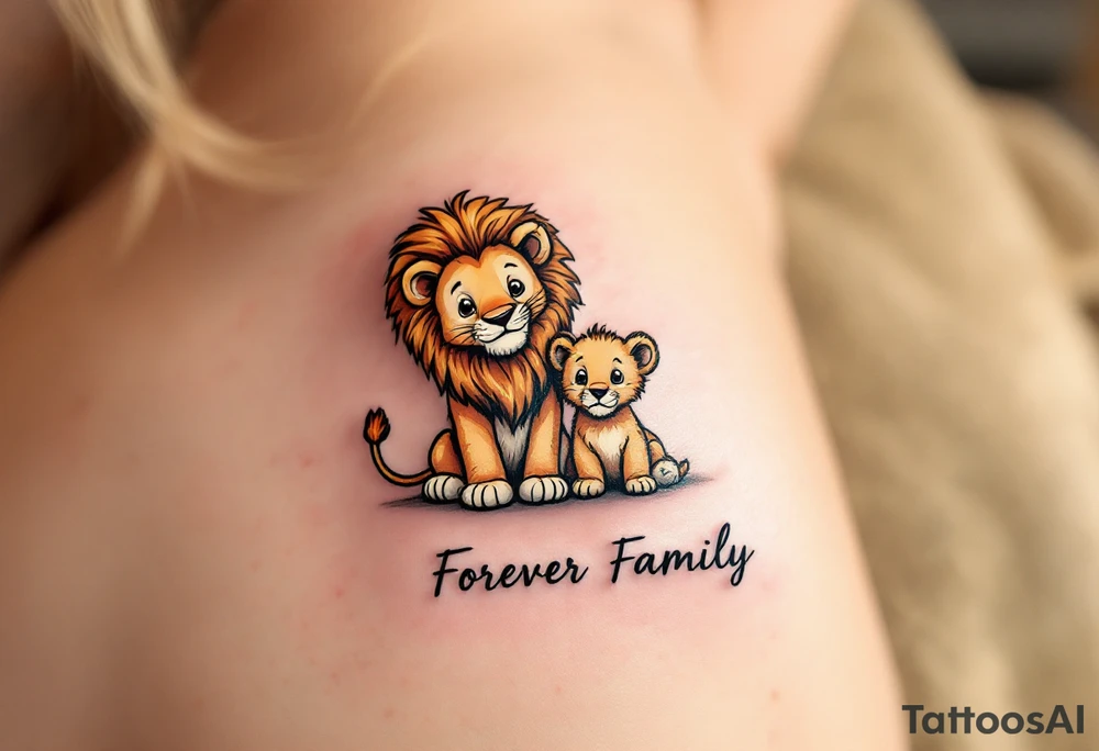 A cartoon-style lion and cub in warm gold and brown tones with “Forever Family” underneath. tattoo idea