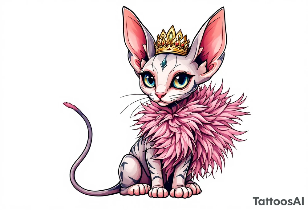 Chibi new school Glamorous sphinx cat with a pink feather boa and wearing a crown tattoo idea