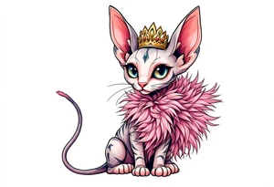 Chibi new school Glamorous sphinx cat with a pink feather boa and wearing a crown tattoo idea