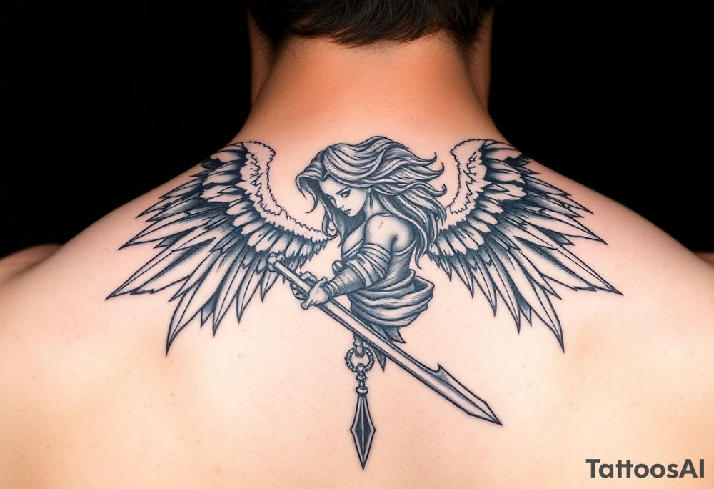 Fierce Female Angel warrior with dark shading tattoo idea