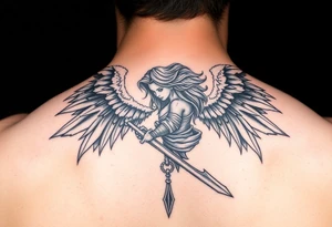 Fierce Female Angel warrior with dark shading tattoo idea