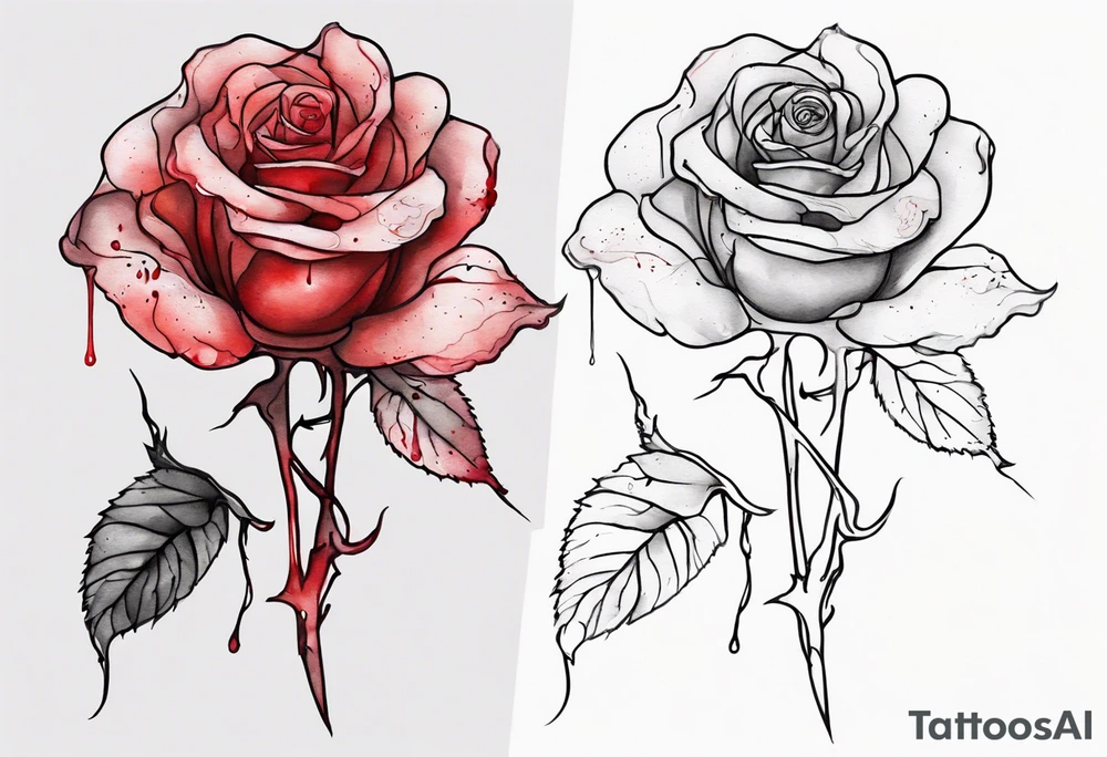rose flower, one line, red blood dripping from the flower, tall, watercolor tattoo idea