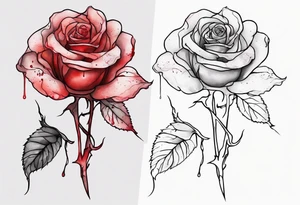 rose flower, one line, red blood dripping from the flower, tall, watercolor tattoo idea