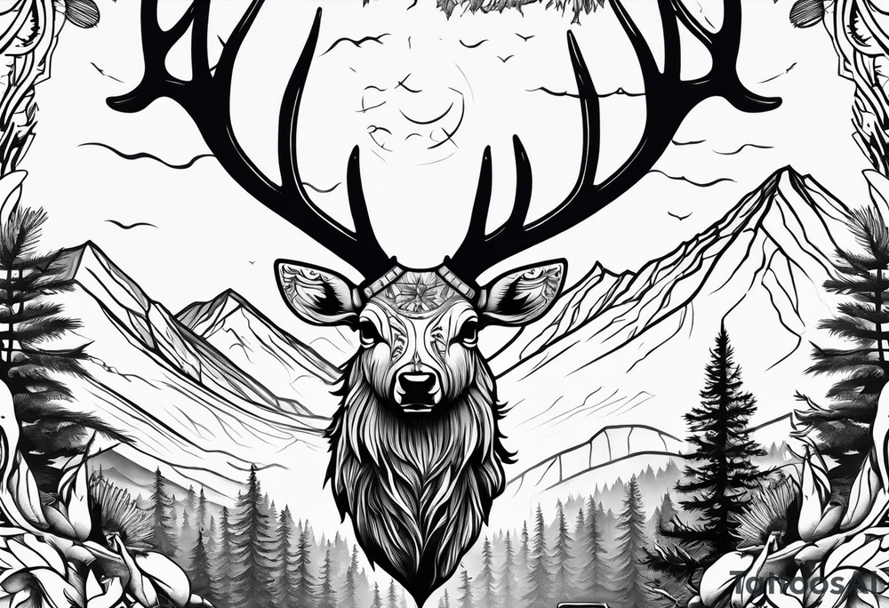 elk skull with mountains and trees tattoo idea