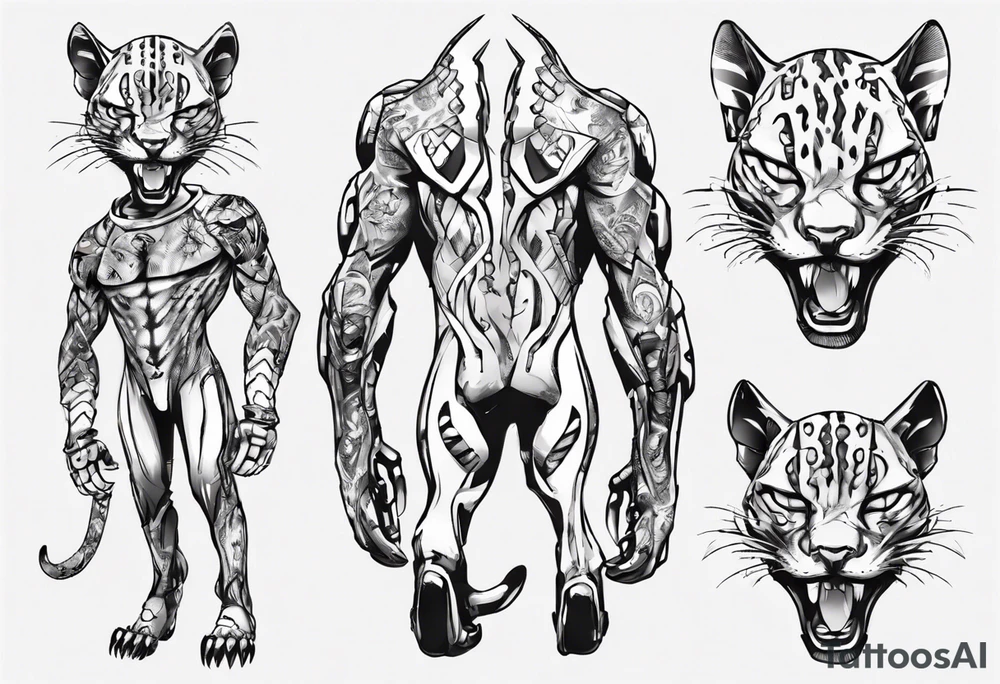 cybernetic ocelot full body teeth showing tattoo idea