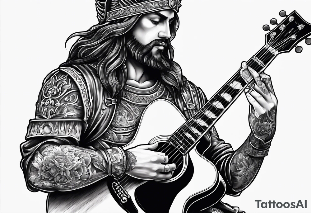 Armor of God with guitar next to him tattoo idea