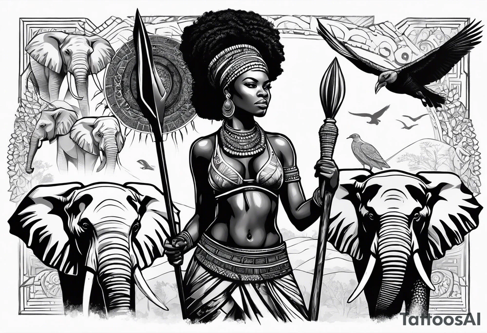 African woman warrior holding a spear with birds and elephants in the background tattoo idea
