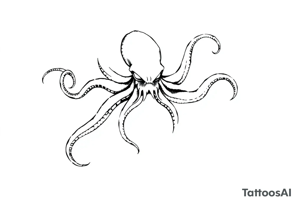 A minimalist blackwork tattoo design of an evil kraken The kraken is viewed from a 45-degree angle facing left, with its head centered. The tentacles extend only to the left and right, with none going downward beneath the head. The style is clean, fine-line detailing with bold outlines, avoiding heavy shading. The tentacles should be fluid, aggressive, and striking, enhancing the menacing and eerie look of the kraken while maintaining a cohesive design for a tattoo sleeve. tattoo idea