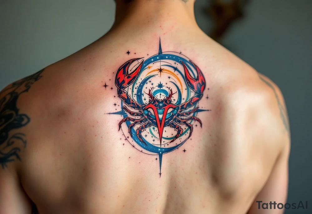 The Cancer zodiac sign in bold red sits at the heart of a swirling indigo and emerald star constellation. tattoo idea