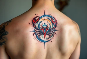 The Cancer zodiac sign in bold red sits at the heart of a swirling indigo and emerald star constellation. tattoo idea