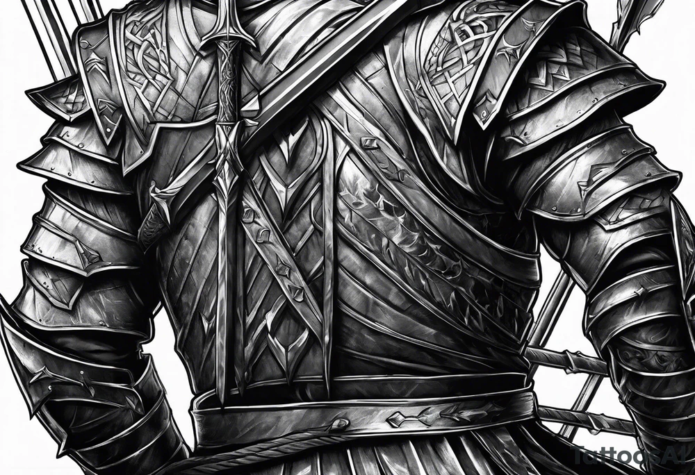 Side profile of a dying knight on his knees with five arrows in his back tattoo idea