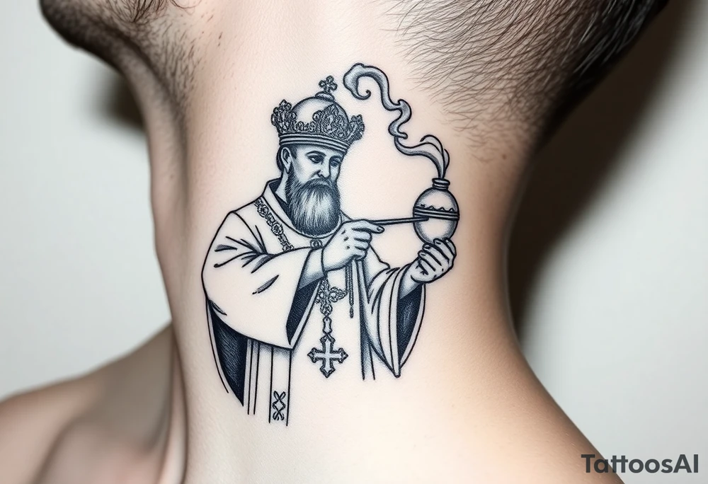 Russian Orthodox Priest in fully detailed vestment swinging a censer with smoke curling upward tattoo idea